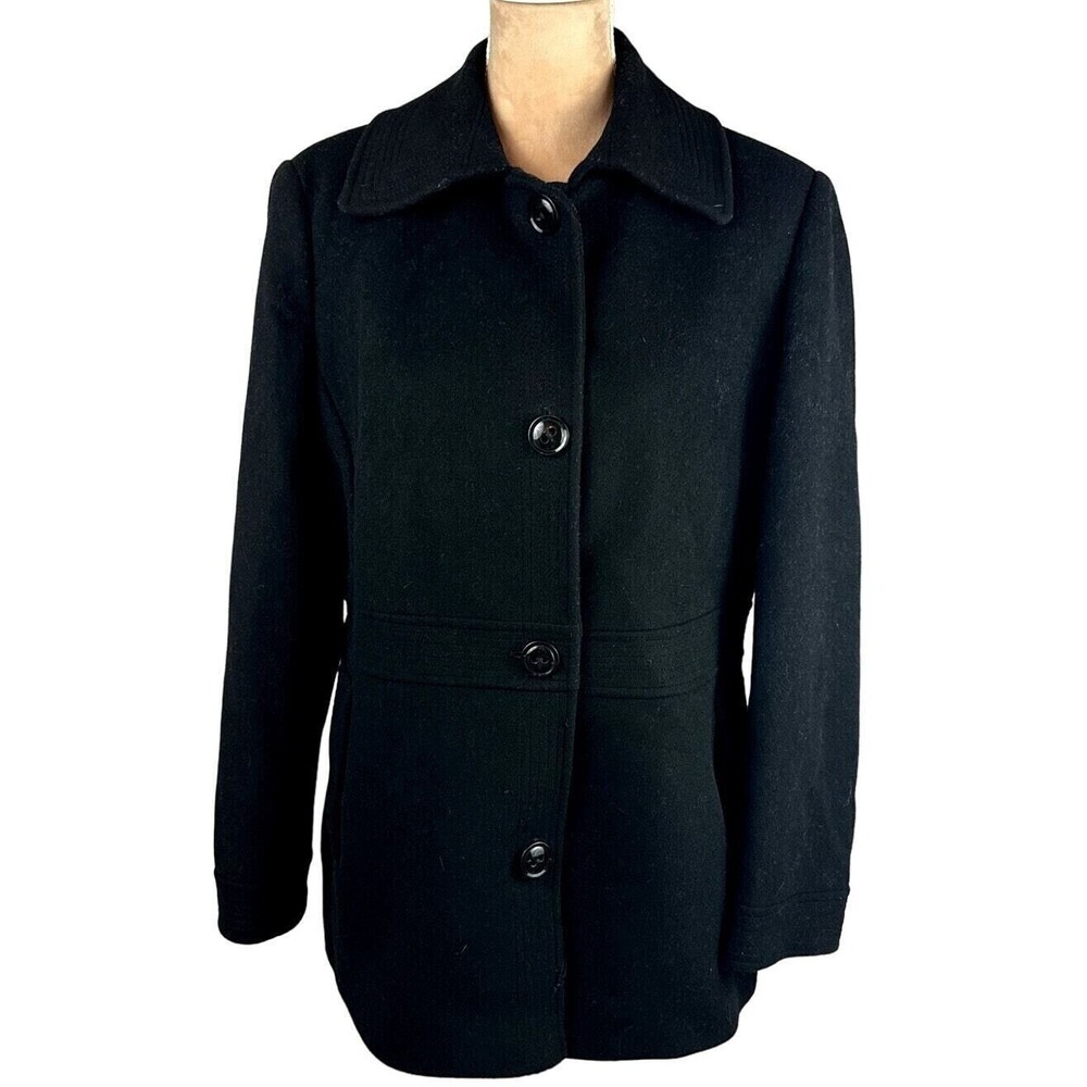 Preston & York Wool Coat Women 14 Black Button Front Pointed Collar‎ Lined Fall